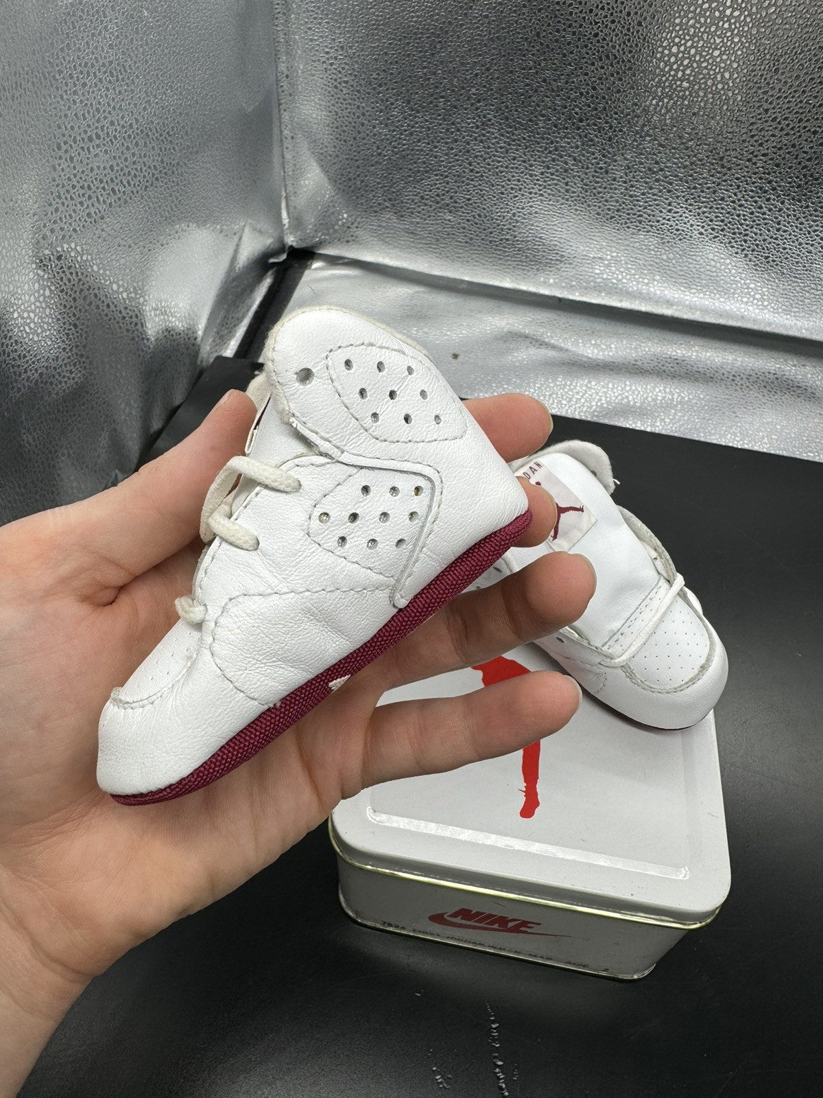 PONY Scarpe culla bambino vintage My First Jordan VI 6 OG 1991 scatola di latta originale 7824 taglia 2