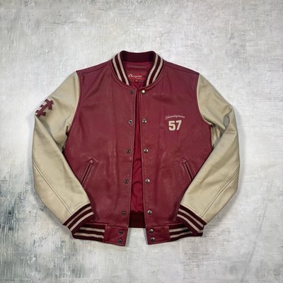 Chevignon 1957 Herren Lederjacke Rot Beige Größe S Varsity Jacke Vintage
