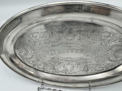 Eales 1779 Leonard Silverplate Oval Engraved Serving Tray 9.5” Vintage - Picture 3 of 10