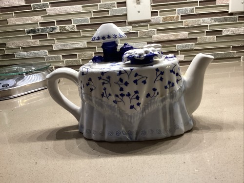 Vintage Blue And White Ceramic Dressing Table Teapot