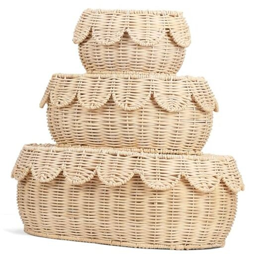 3 Pcs Small Scalloped Basket, Hand Woven Rattan Basket Set Round Wicker Basket