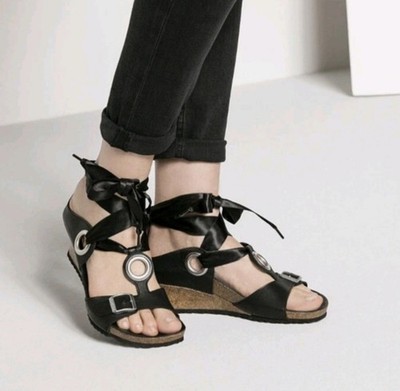 Papillio Birkenstock EMMY Sandals Womens 37 Black Leather Wedge Comfort