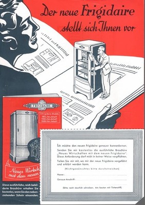 Original 30er Jahre FRIGIDAIRE Kühlschränke Werbeblatt, DIN A4 (1939)
