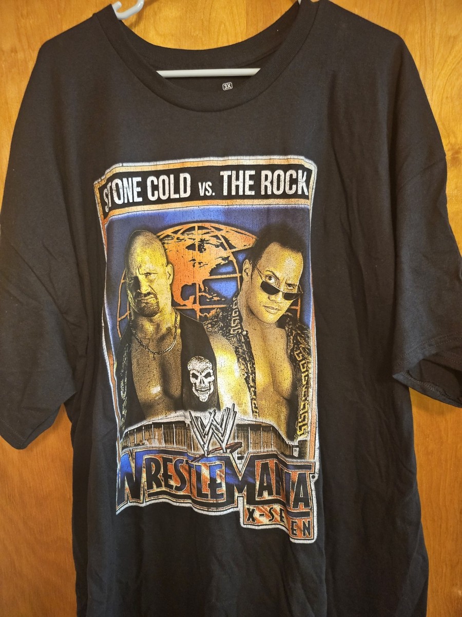 WWE WrestleMania 17 X-Seven The Rock Stone Cold Black T Shirt Mens
