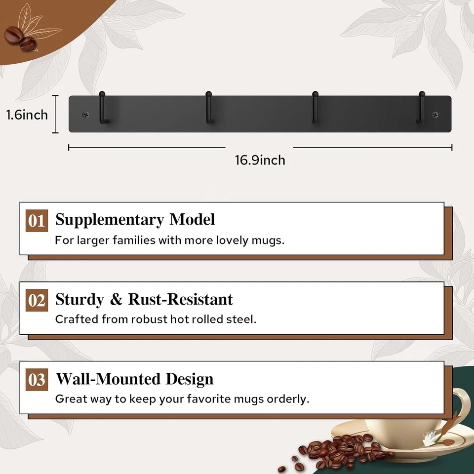 Настенный держатель кофейной кружки HULISEN с 12 крючками (обычный - дополнительная кружка R - Изображение 3 из 4