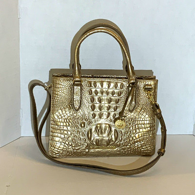 Brahmin Metallic Gold Croc Embossed Satchel Top Handle, Detachable Strap