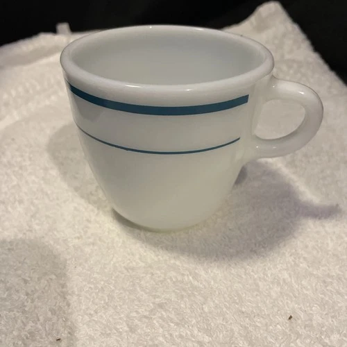 Vintage Anchor Hocking Milk Glass Coffee Mug, #910, Teal Blue Bands