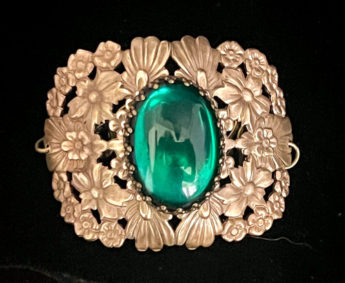 Art Nouveau Bracelet Floral Filigree Cuff Antique Glass Cab Nouveau Jewelry