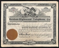 Benton-Highwood Telephone Co. Fort Benton, MT Stock Certificate c1909