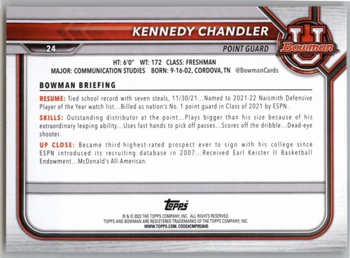 KENNEDY CHANDLER 2021-22 Bowman University #24 - Picture 2 of 2