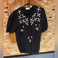 Vintage 90  s Shenanigans floral Embroidered acrylic Granny sweater sz M Cottage