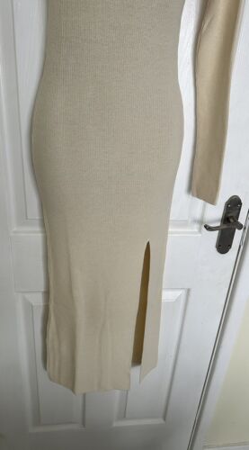 NWT Womens Mango UK 8 Cream Asymmetrical Fitted Fine Knit Slit Midi dress - Picture 7 of 19
