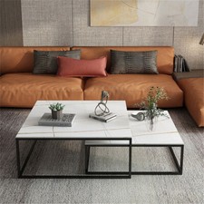 Square Real Marble Large Accent Coffee Table Set Anti-scratch Top w/ Metal Frame