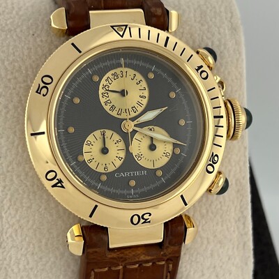 Cartier Pasha 1353 Chronograph Grey Dial 18K Yellow Gold Leather Strap 35mm