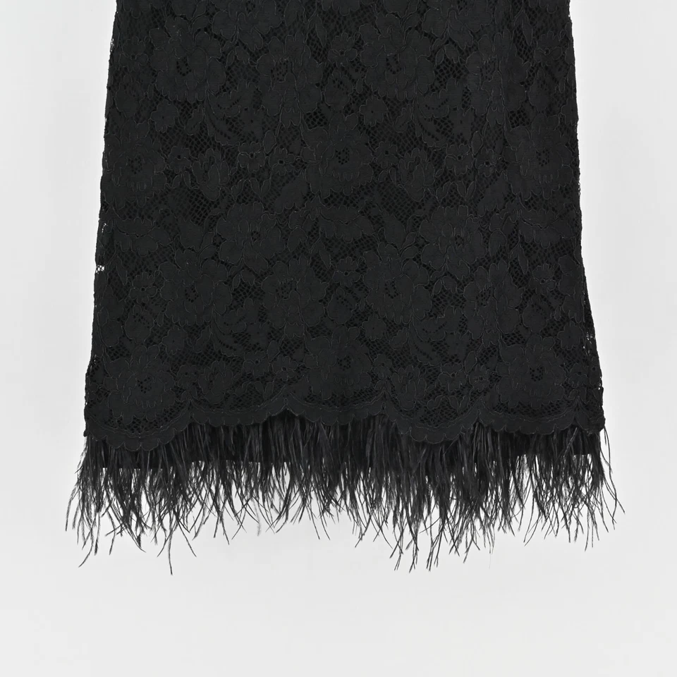 Vestido NICOLE MILLER Talla 10 Negro Borde Pluma Cuello Sin Mangas Encaje Mini Aleta Foto 4 de 4