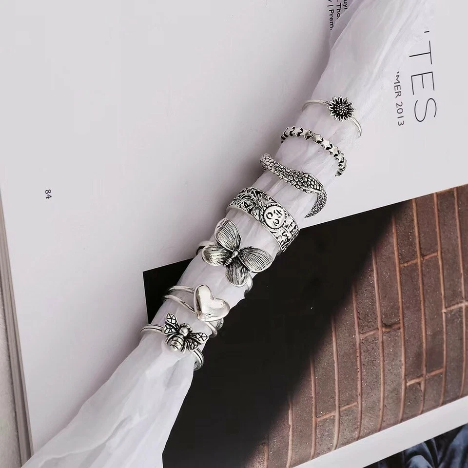 Juego de 7 piezas de anillos retro para dedos Pop Boho flores mariposa abeja corazón estilo anillo 0518 Foto 4 de 4