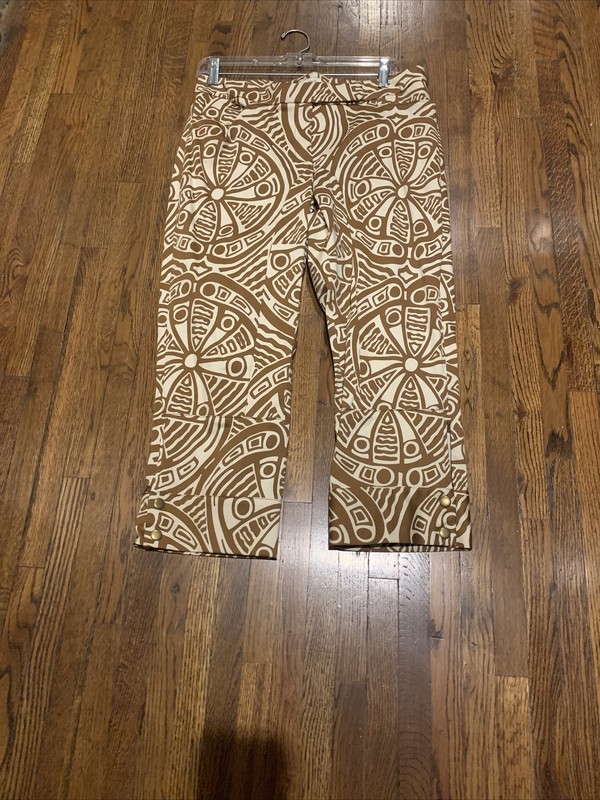  BILL BURNS CAMEL/IVORY COTTON & SPANDEX PRINTED POCKETS CAPRI PANTS SIZE 10 