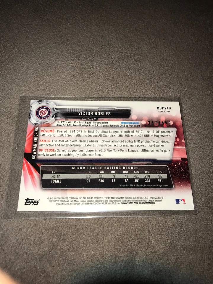 2017 Bowman Chrome Refractor Victor Robles Washington Nats Prospect #BCP219 💎 - Image 2 of 3