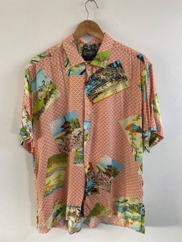 Gitman Bros Shirt Mens Large Multi Button Up USA Rayon Vintage Oriental Chinese