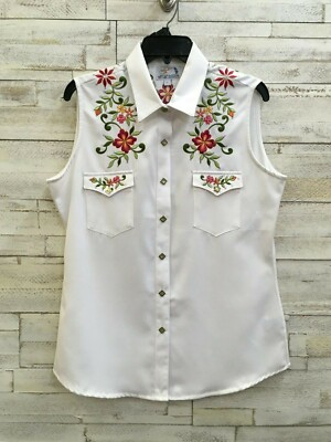 Vintage Panhandle Slim Sleeveless Shirt-White w/Pink Flowers