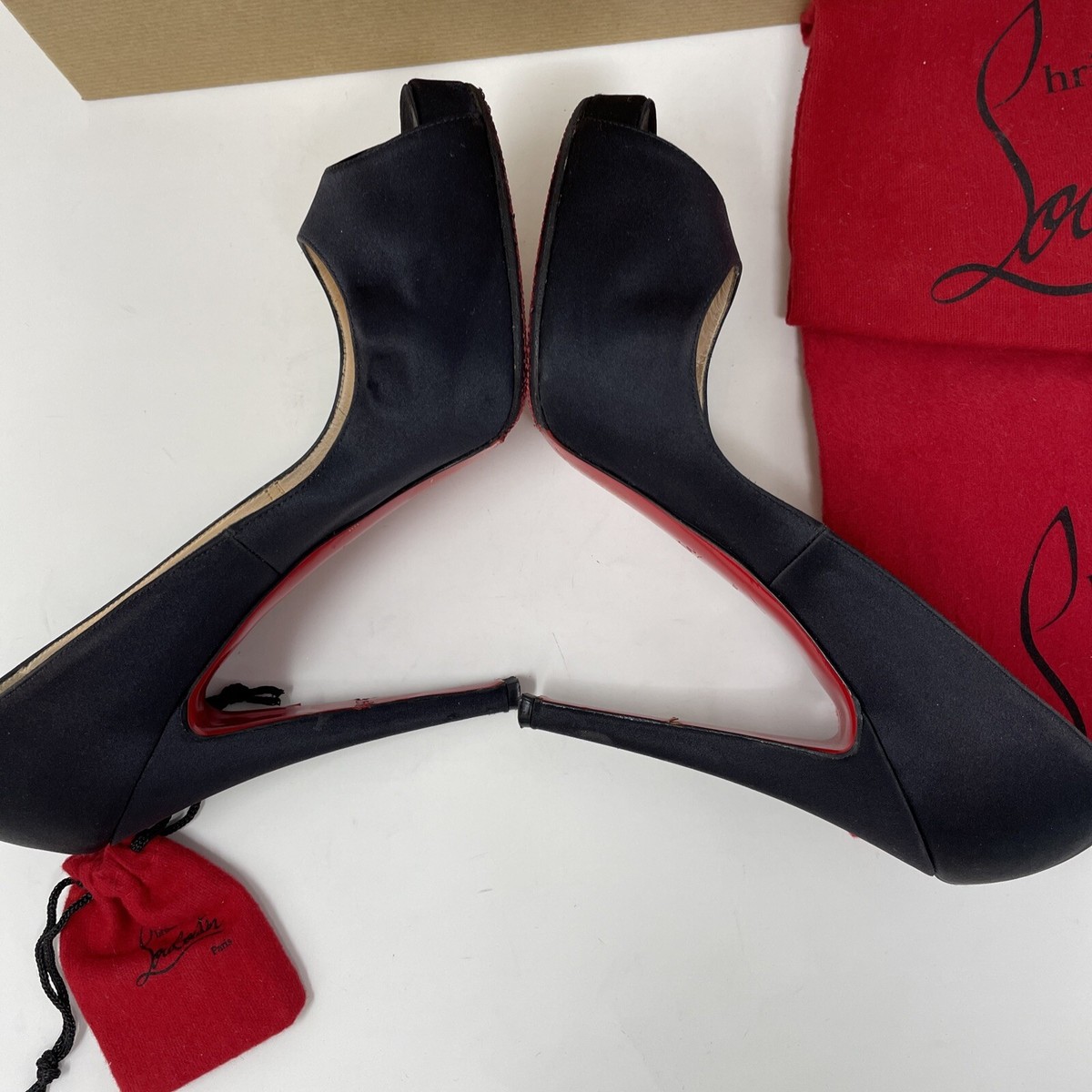Christian Louboutin black satin peep toe women's Heels shoes 9 1/2
