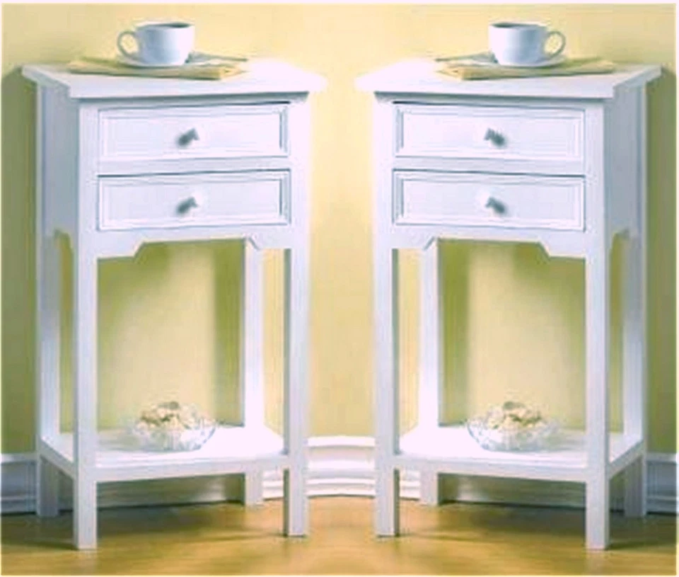 Set of 2 * WHITE CEDAR WOOD SIDE-END-NIGHT TABLES * 2 Drawers-Shelf * NIB - Image 3 of 4