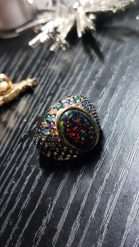 Vintage Rainbow Opal & Crystals Vintage Cocktail Ring 925 UTC US Size 6.5 - Picture 2 of 6