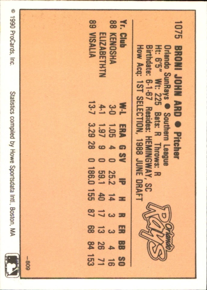 Johnny Ard 1990 CMC #809 RC Orlando Sun Rays FREE SHIPPING AutographDen - Image 2 of 2