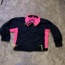 Vintage Columbia Jacket Womens Medium Black Pink Neon Hooded Ski Windbreaker 90s