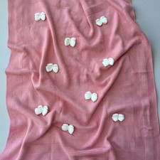 Pink Baby Blanket 90x70 cm, Soft Knit Throw with Crochet Bows, Newborn Girl Gift