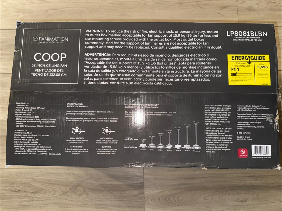 Ventilador de techo Fanimation Coop 52 pulgadas LED níquel cepillado 3 aspas con control remoto Foto 2 de 3
