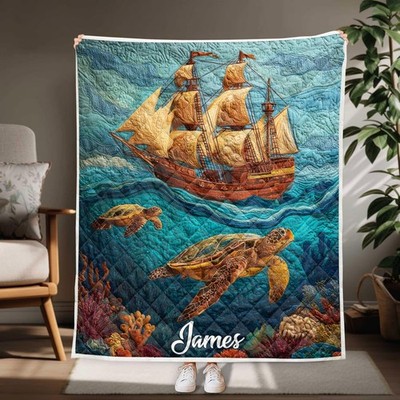 Personalized Sailing Ship Quilt Blanket, Nautical Ocean Throw Gift with Name