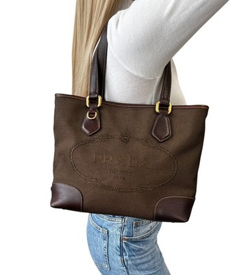 PRADA Vintage Triangle Logo Milano Jacquard Canvas Shoulder Tote