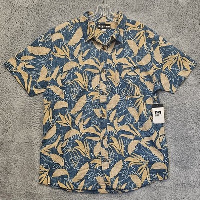Reef 'Edwin' Mens Short Sleeve Woven Button Shirt Blue Tropical Print Sz L new