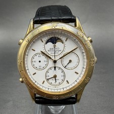 Seiko Moon Phase Chronograph Watch Men 38mm READ  White Dial Gold Tone New Batt
