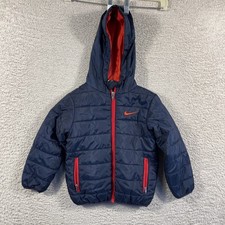 Nike Kids Puffer Jacket Hooded Navy Blue Red Logo Boys 3T Swoosh Essential