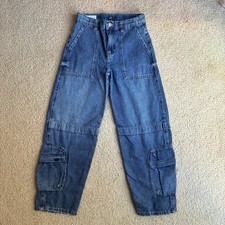 Zara Kids Wide Leg Cargo Jeans Blue Med Wash Denim Loose Trendy Girls Size 11-12