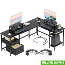 L Shaped Desk W/ Charging Station Fabric File Drawer Adjustable Monitor Stands