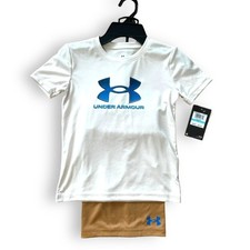 Under Amour Boys Short Shirt Set 2-Piece Set Casual Nubuck Tan White Size 5 NWT