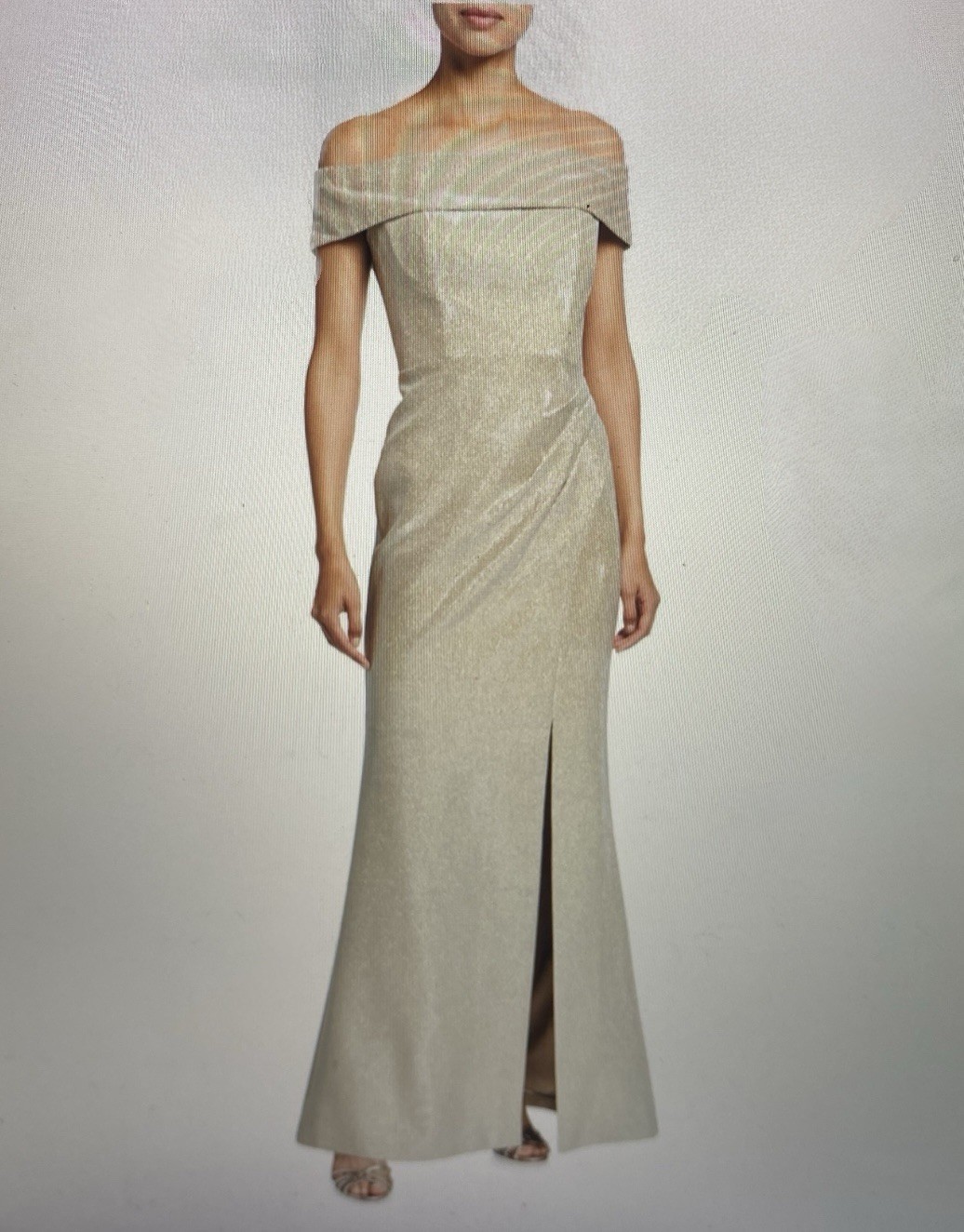 Teri Jon By Rickie Freeman Off Shoulder Metallic Jacquard Column Gown Gold, Sz 8