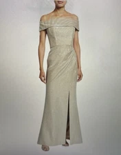 Teri Jon By Rickie Freeman Off Shoulder Metallic Jacquard Column Gown Gold, Sz 8