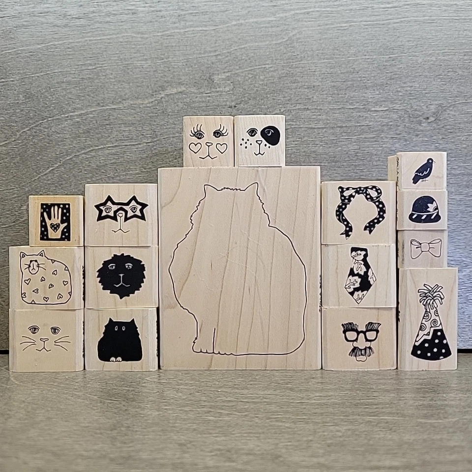 Lote de Sellos de Paula Mejor Gato Contorno Gatos Fiesta Pájaro Mano Lazo Cuello Corbata Madera Foto 3 de 4