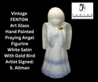 Vtg FENTON Art Glass PRAYING ANGEL Figurine HP White Satin W/Gold Bird S. ALLMAN
