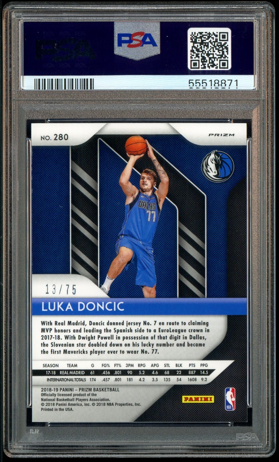 2018-19 Panini Purple Prizm #280 Luka Doncic RC Rookie 13/75 PSA 10 GEM MINT view 2