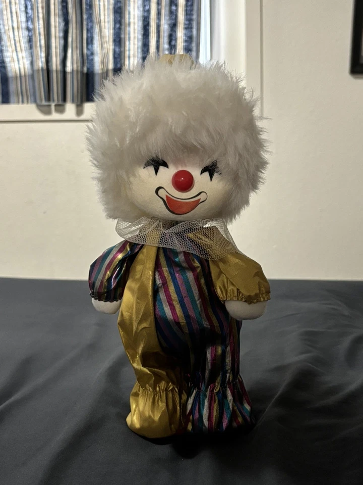 Boneca palhaço vintage musical ouro com listras com cabeça em movimento - Imagem 3 de 4