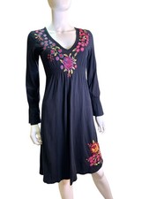 Johnny Was Embroidered V Neck Smocked Black Midi Dress 100% Cotton Size S EUC