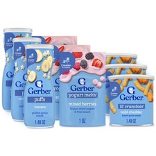 Gerber Strawberry Yogurt Melts, Mixed Berries Yogurt Melts, Banana Puffs, Str...
