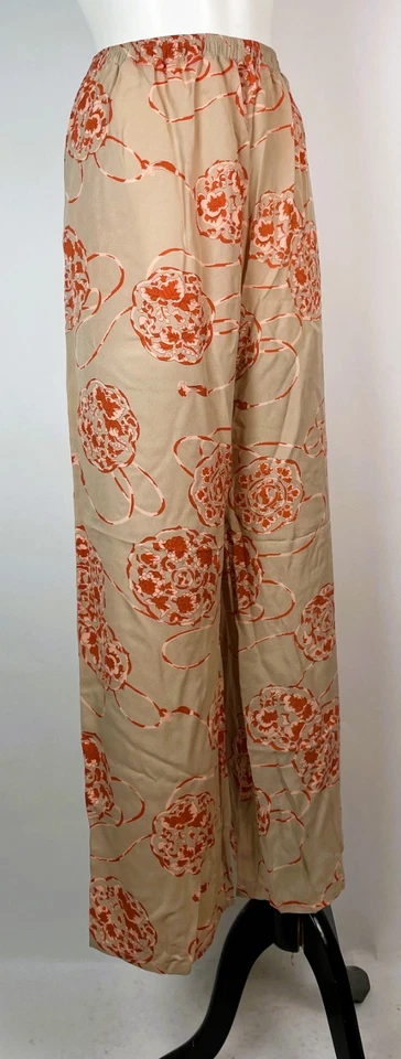 Harari 100% Silk Taupe red floral & ribbon print pants elastic waist L USA - Image 4 of 4
