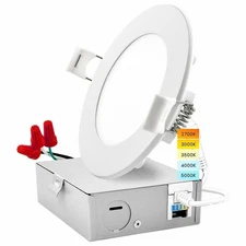 Luxrite 4 Inch Ultra Thin LED Recessed Light with J-Box 5 Color Selectable