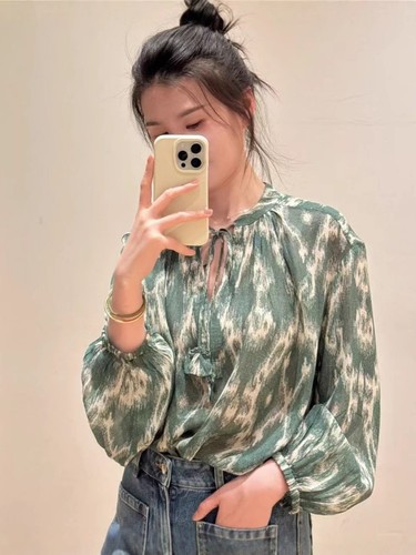 französisches Top Mode Fleckdruck V-Ausschnitt Krawatte locker Langarmshirt Damen - Bild 8 von 15
